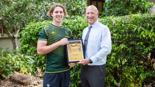 Flinders rugby star Mitch Lehmann with Principal Stuart Meade