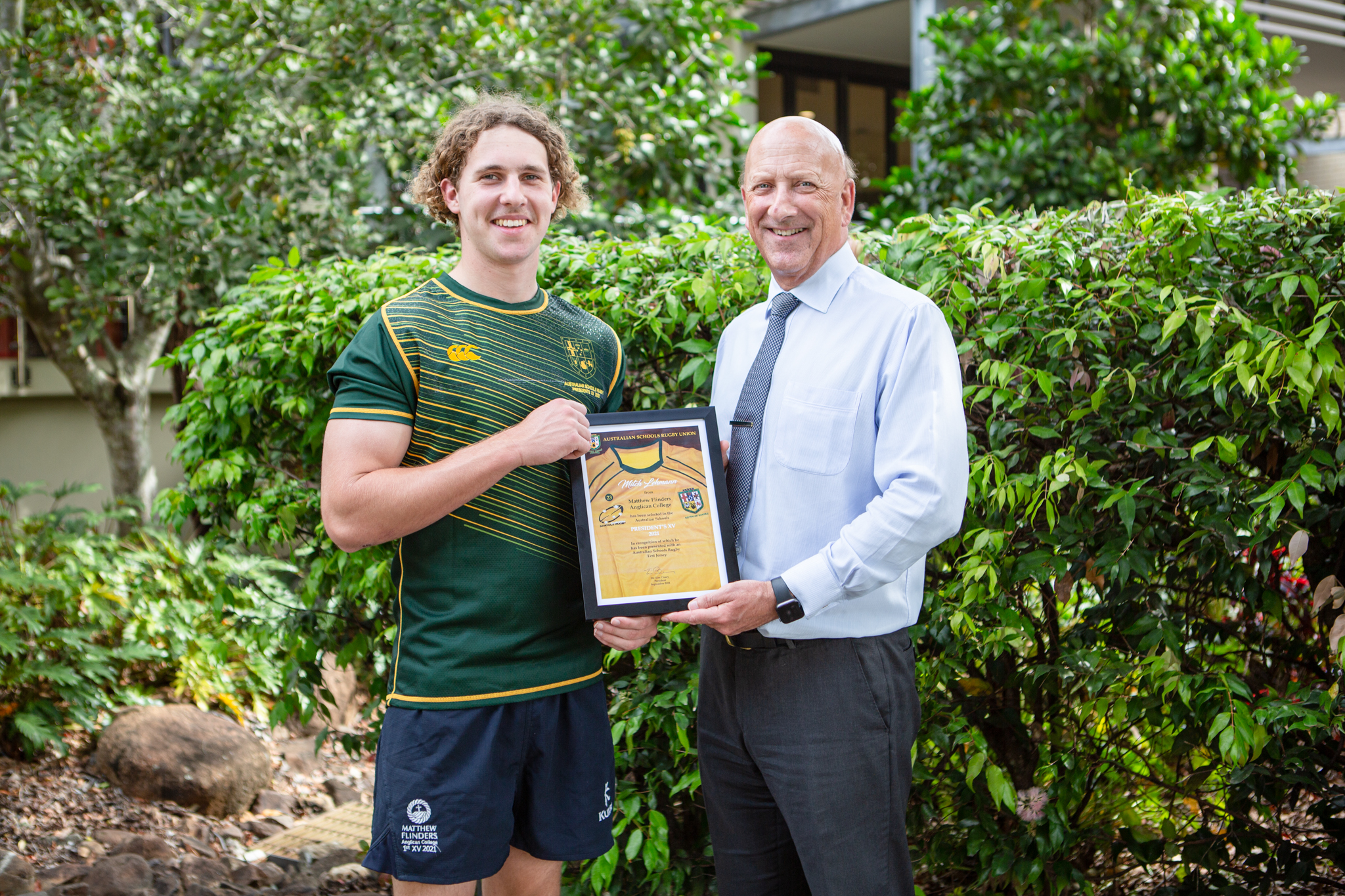 Flinders rugby star Mitch Lehmann with Principal Stuart Meade